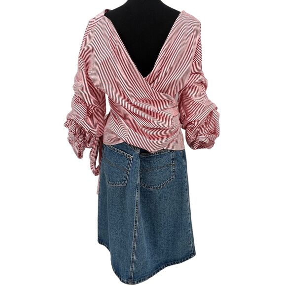 Zara Red & White‎ Striped Puff Sleeve Wrap Career Workwear Business Blouse Med - Picture 6 of 7